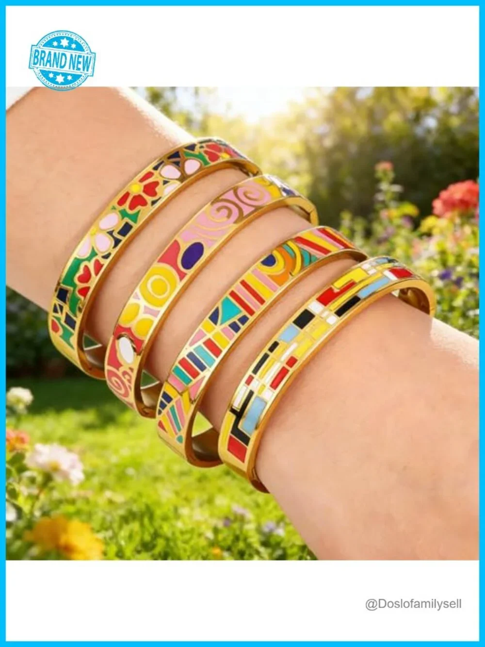 4Pcs 18K Gold Plated Stainless Steel Floral Enamel Bangle Bracelets Stackable